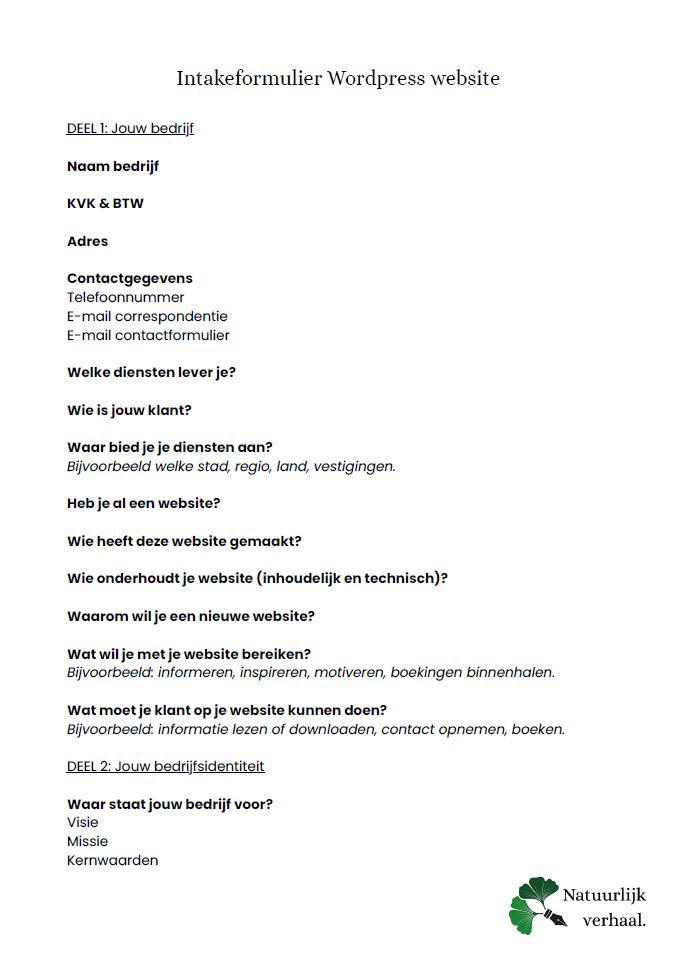intakeformulier wordpress website